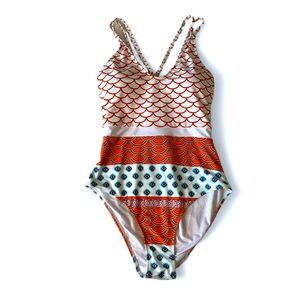 New Cupshe one piece orange white and blue seashell swimsuit SZ XL